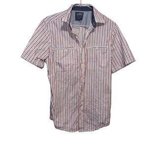 L.L. Bean Mens Fitted Short Sleeve Button-Down Shirt S-REG Red & Blue Striped
